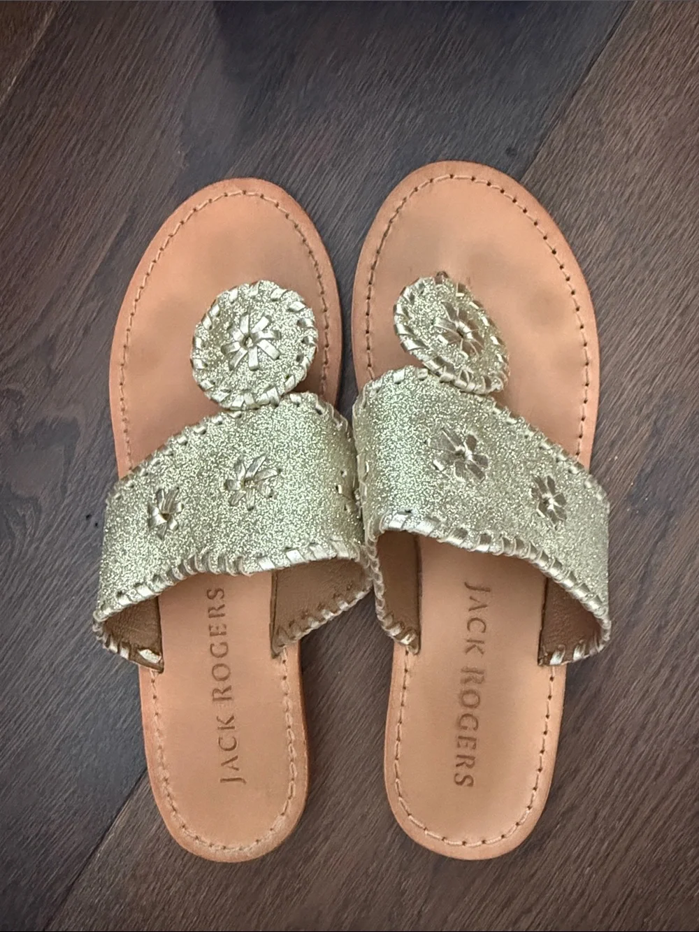 Jack Rogers Girls Gold Glitter Leather Slide Sandals